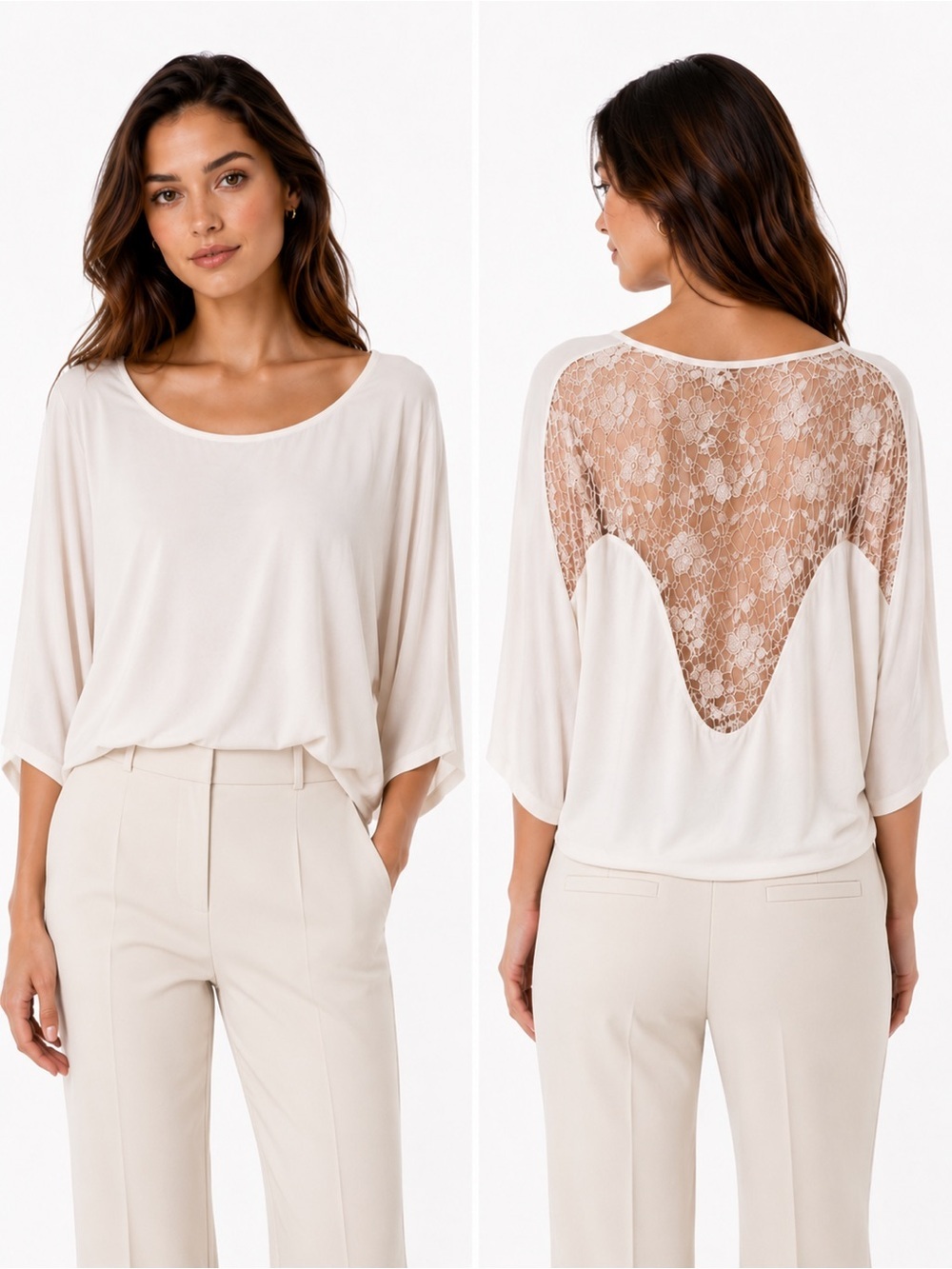 Sky Elegant Cream Lace Back Blouse | Dolman Sleeve Dressy Top Size L